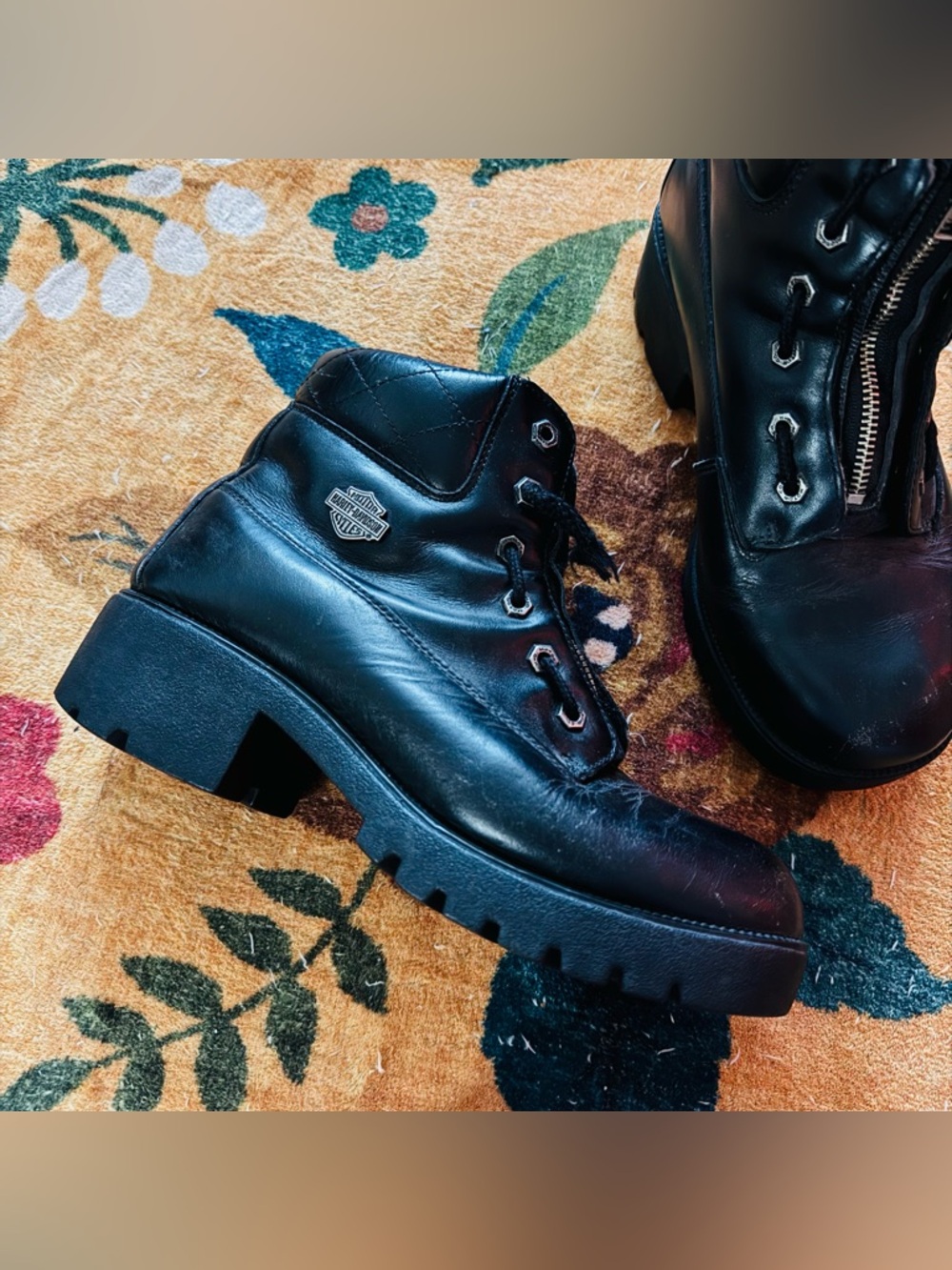 Harley Davidson Biker Black Chunky Leather Platform Boots